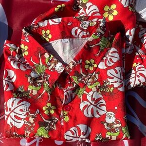 Festive Red Hawaiian Shirt with Santa and Floral Print